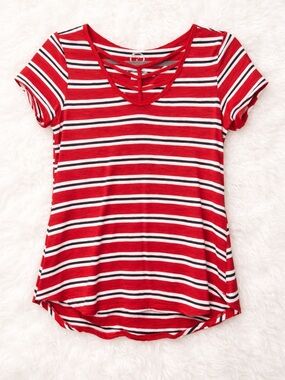 Maurices 24/7 Striped Crisscross Neck Top Red White Black Size S